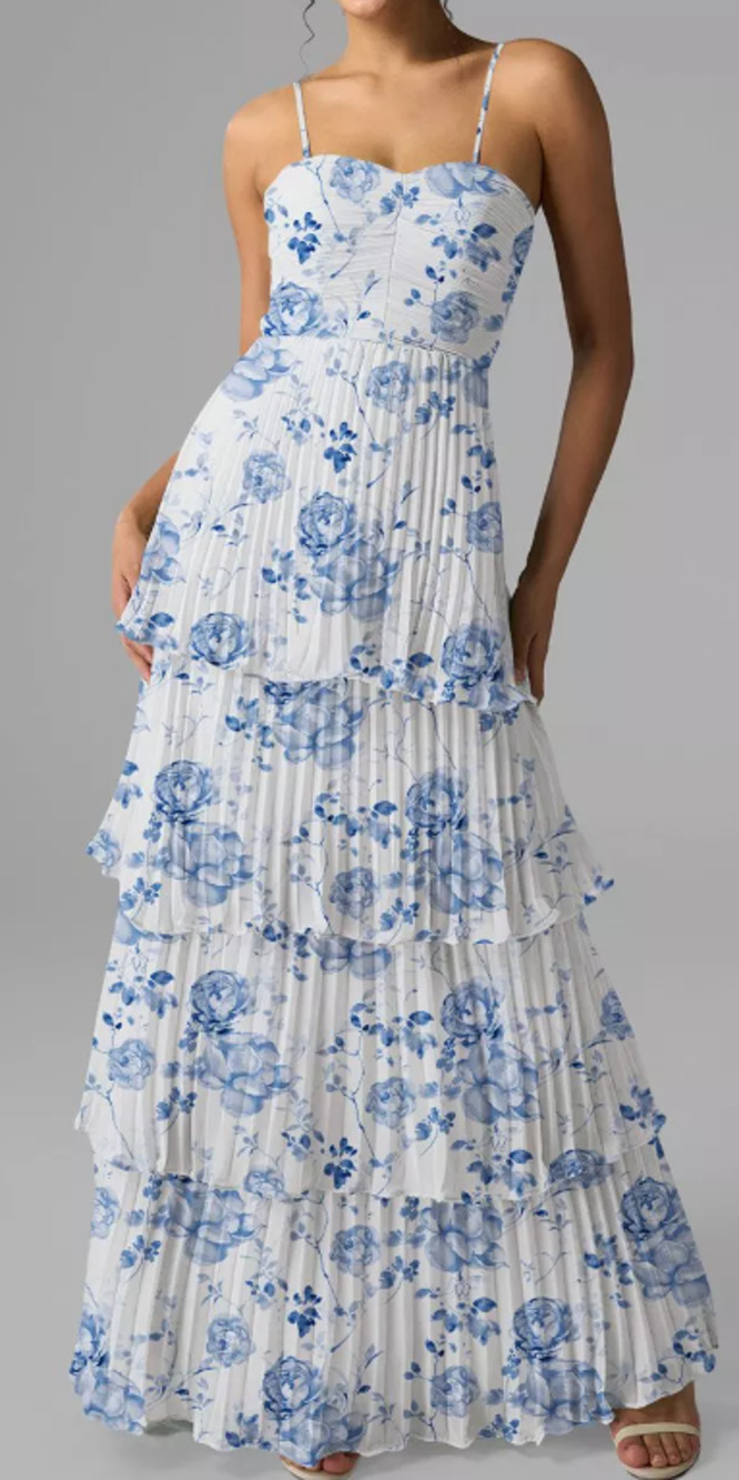 AW BRIDAL SZ 2 XS white blue floral botanical chiffon tiered Ann maxi dress 0B14